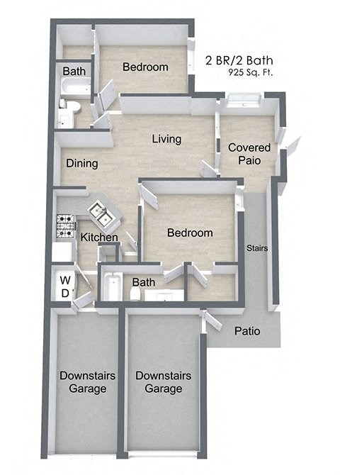 Floor plan for 2 beds, 2 baths, 926 sqft